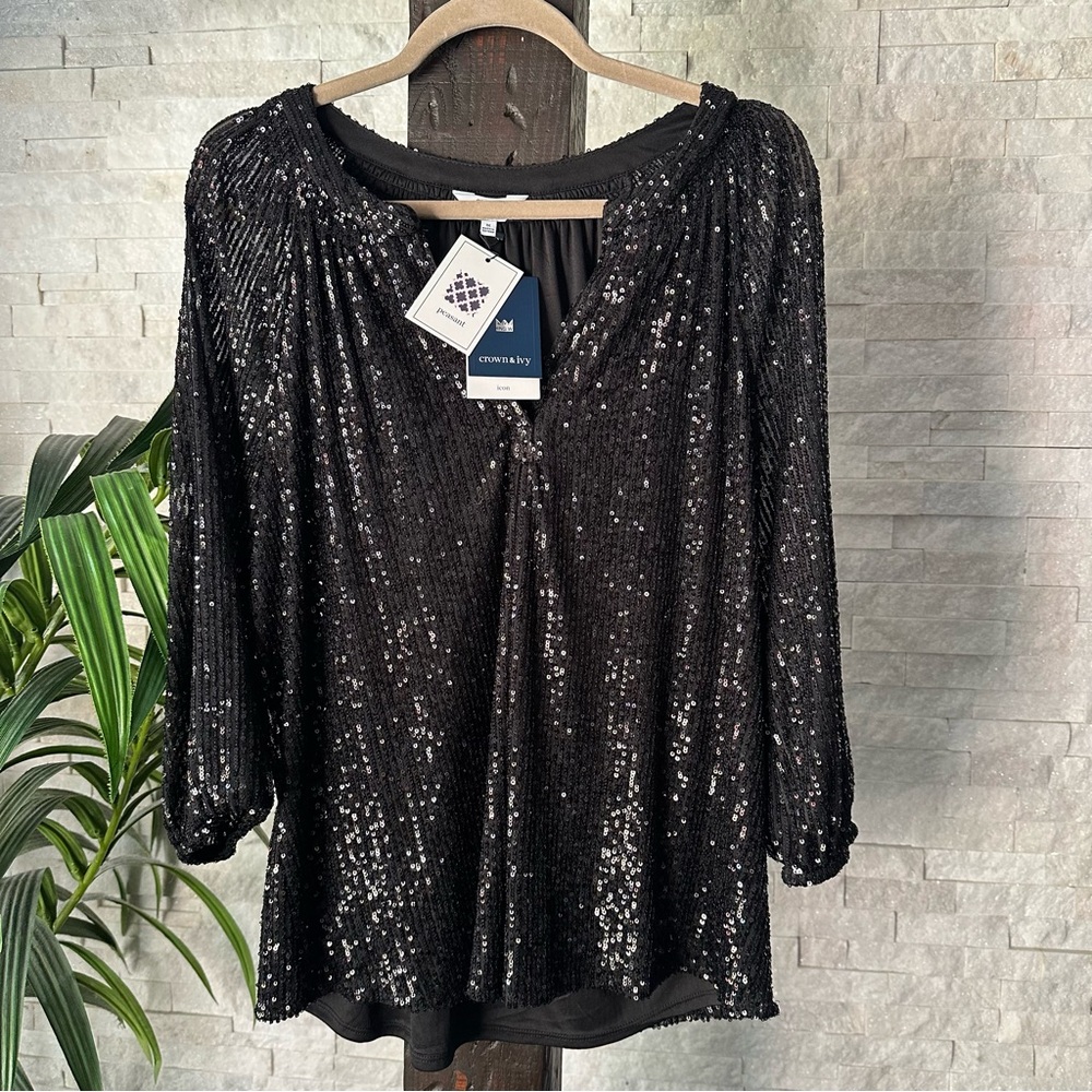 CROWN & IVY Black Sequin Sparkle Peasant Icon Blouse Size M New with Tags